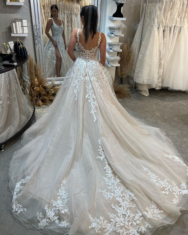 Glamorous Sleeveless Straps Lace Bridal Gown Long Slit Online