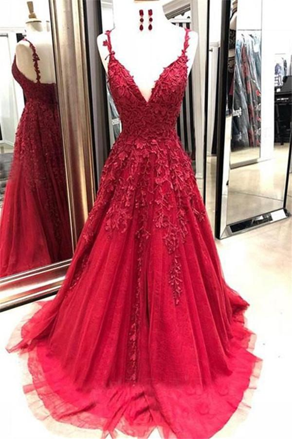 Glamorous Spaghetti-Straps Applique Prom Dresses Red Tulle Sleeveless Evening Dresses