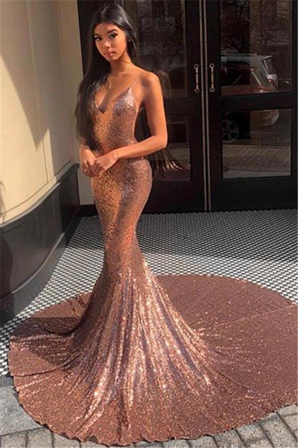 Glamorous Spaghetti-Straps Sequins Mermaid Formal Dresses