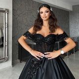 Glamorous Sweetheart Off-the-Shoulder Black Evening Party Gowns with Beads