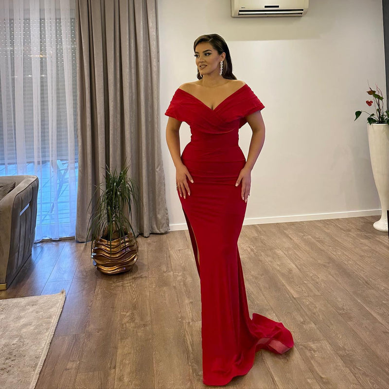 Glamorous V-Neck Off-the-Shoulder Mermaid Ruby Evening Party Gowns Long Slit Online