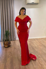 Glamorous V-Neck Off-the-Shoulder Mermaid Ruby Evening Party Gowns Long Slit Online