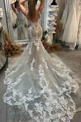 Glamorous V-Neck Sleeveless Mermaid Lace Bridal Gown