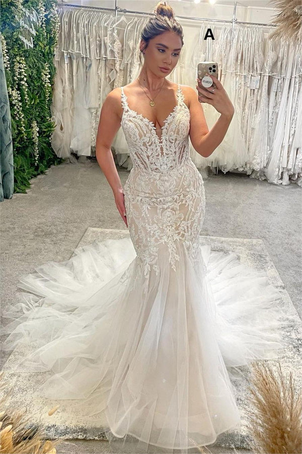Glamorous V-Neck Spaghetti Straps Sleeveless Mermaid Bridal Gown