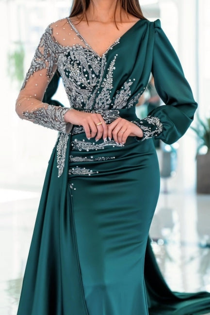 Glamorous V-neck Long Sleeves Mermaid Evening Party Gowns With Ruffles Long