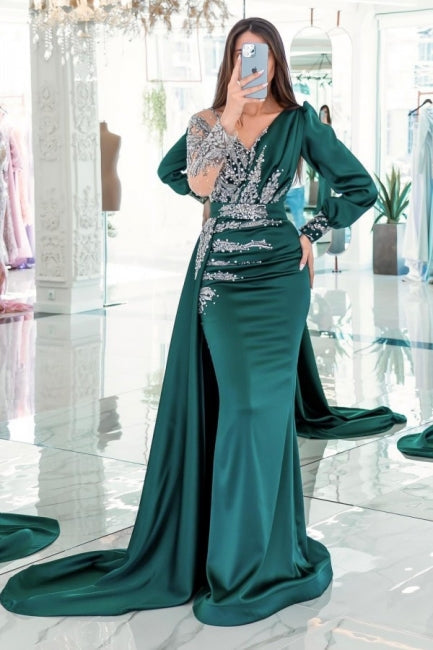 Glamorous V-neck Long Sleeves Mermaid Evening Party Gowns With Ruffles Long