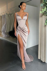 Glamorous V-neck Mermaid Ruched Long Prom Dress High-split