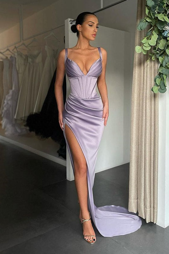 Glamorous V-neck Mermaid Ruched Long Prom Dress High-split