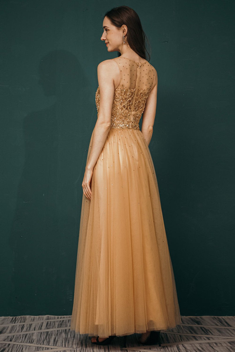 Gold Illusion neck Beadings Appliques Prom Dress