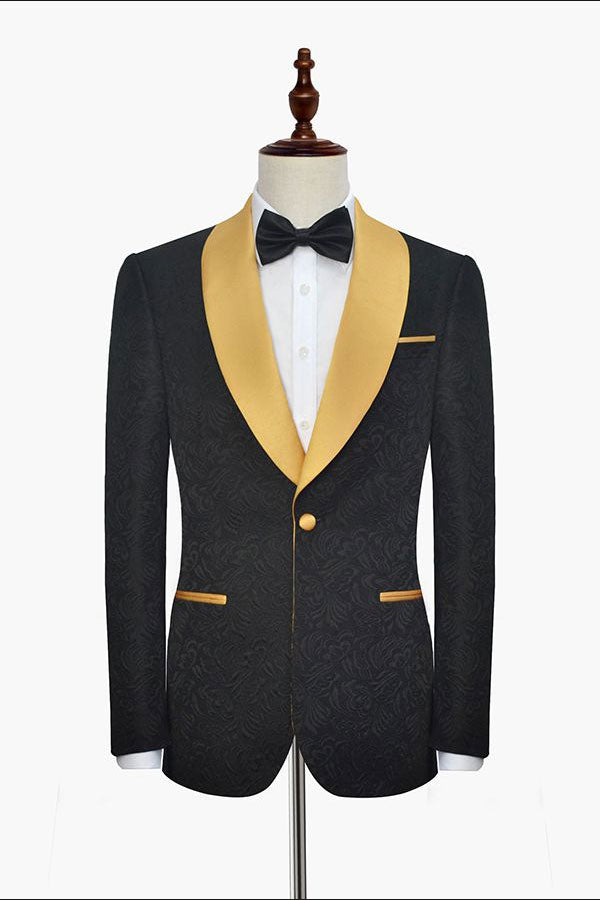 Gold Shawl Lapel One Button Wedding Tuxedo Black Jacquard Prom Suits