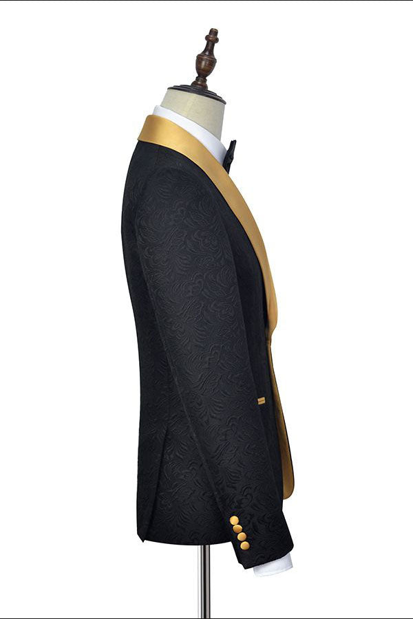 Gold Shawl Lapel One Button Wedding Tuxedo Black Jacquard Prom Suits