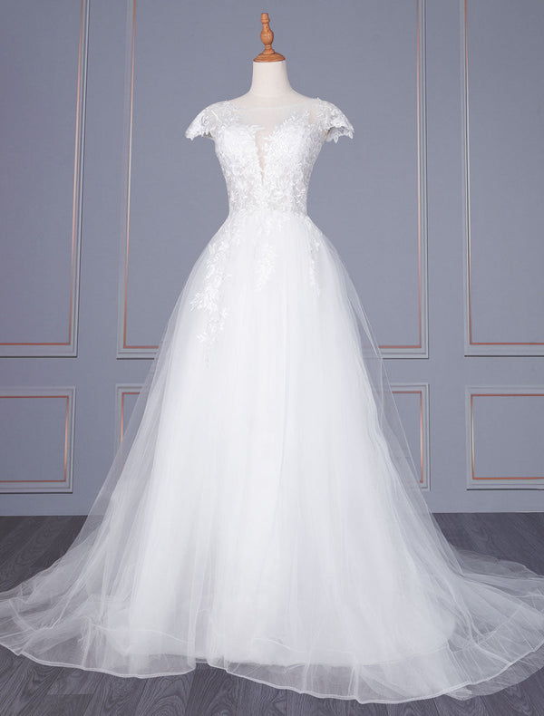 Gorgeous A-Line Wedding Dresseses With Train Short Sleeves Lace Tulle V-Neck Long Bridal Gown