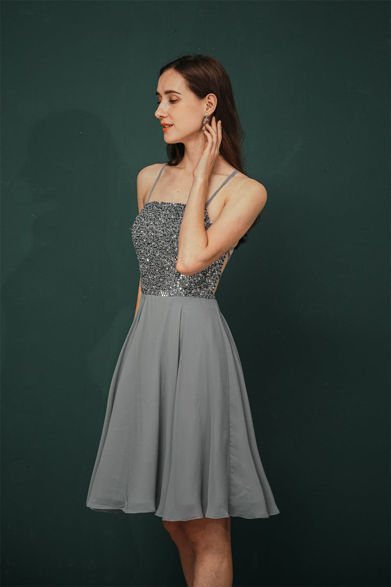 Gorgeous Beadings Silver Party Dress Halter Short Criss-cross Homecoming Dress