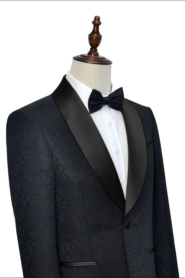Gorgeous Black Jacquard Wedding Tuxedo for Men Shawl Lapel Silk One Button Wedding Suits