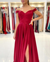 Gorgeous Burgundy Prom Dress Long With Split Off-the-Shoulder