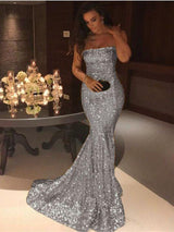 Gorgeous Gold Sequins Mermaid Evening Gowns Chic Strapless Prom Dresses