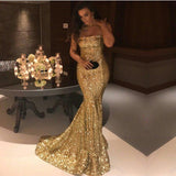 Gorgeous Gold Sequins Mermaid Evening Gowns Chic Strapless Prom Dresses