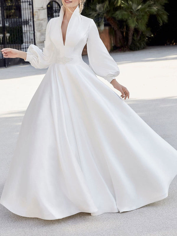 Gorgeous Intage Wedding Dresses With Train V Neck Long Sleeves Backless Satin Fabric Bridal Dress