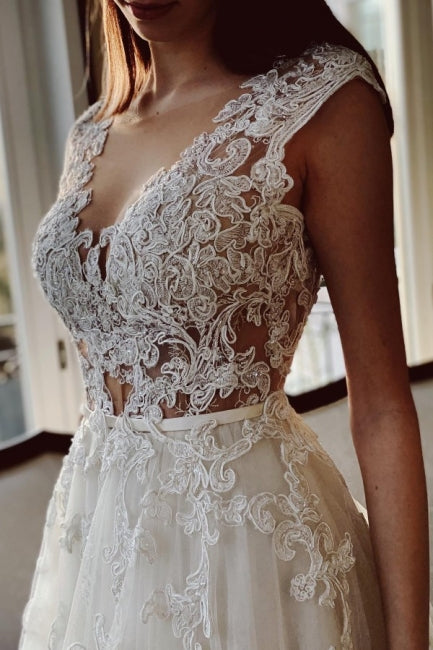 Gorgeous Ivory A-Line Long V-Neck Garden Lace Wedding Dresses