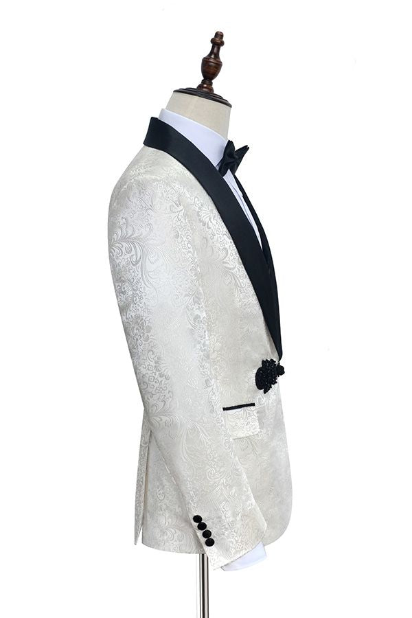 Gorgeous Knitted Button Black Shawl Lapel Three Piece White Jacquard Wedding Tuxedo for Men