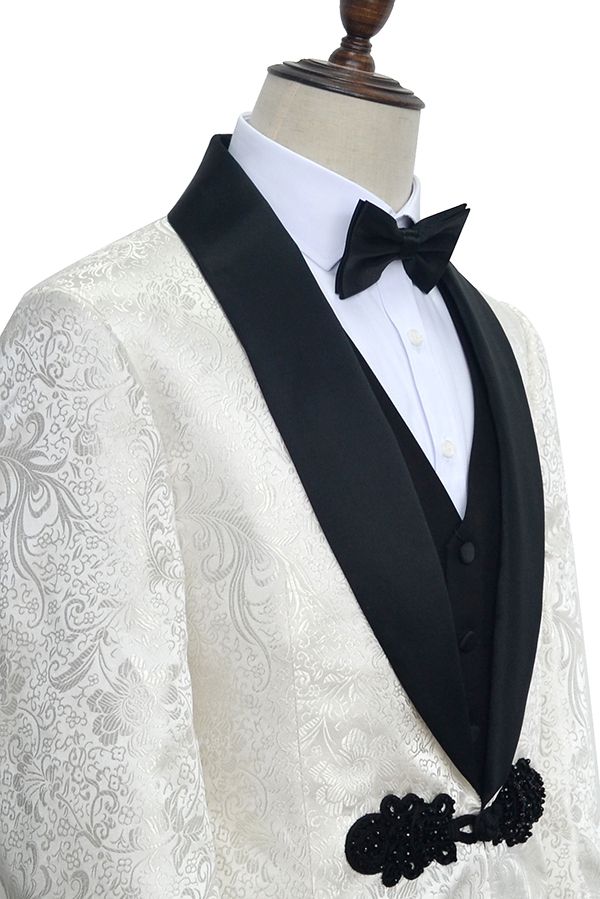 Gorgeous Knitted Button Black Shawl Lapel Three Piece White Jacquard Wedding Tuxedo for Men