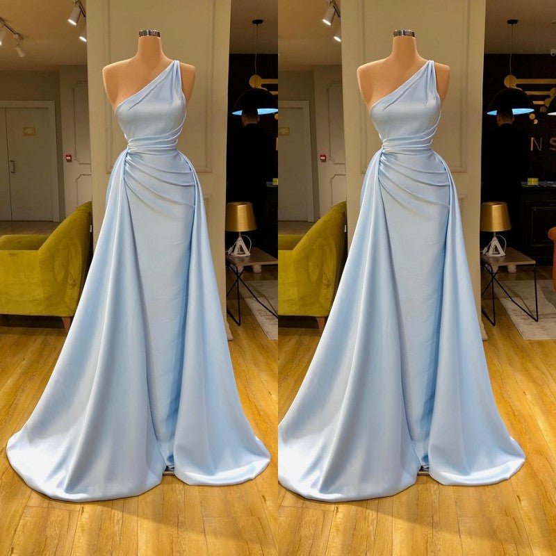 Gorgeous Light Blue Overskirt Soft-pleated Prom Dress One-shoulder