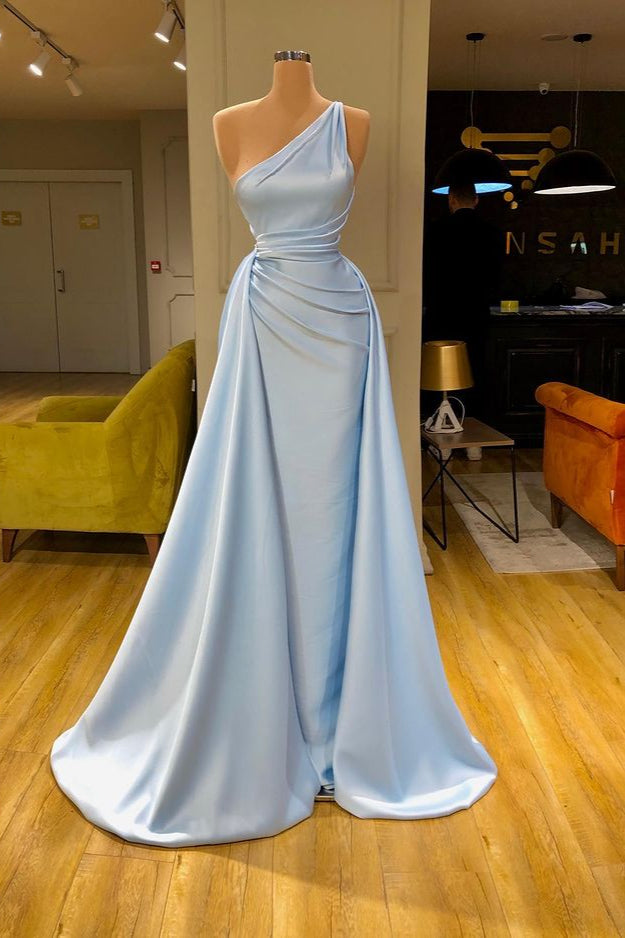 Gorgeous Light Blue Overskirt Soft-pleated Prom Dress One-shoulder