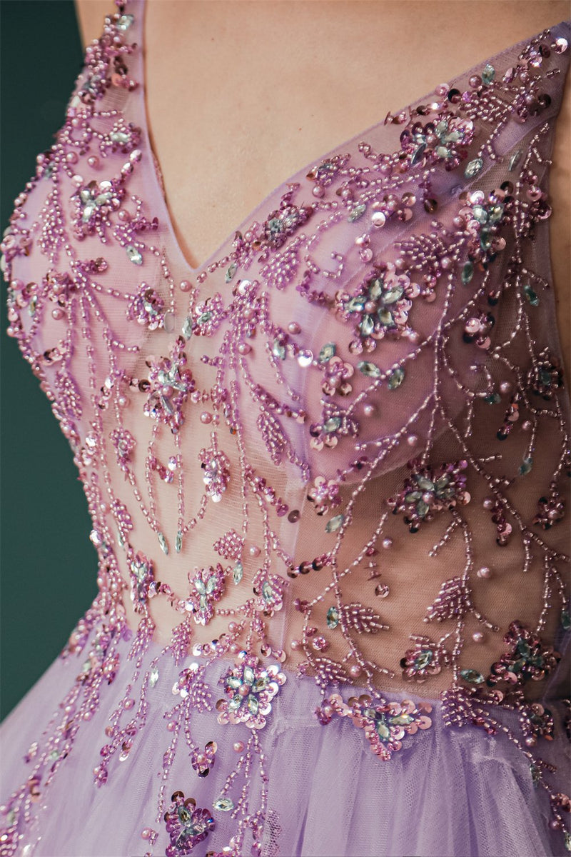 Gorgeous Lilac Tulle High-split Spaghetti-Straps Prom Dress
