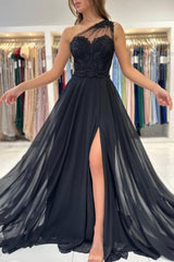 Gorgeous Long Black One Shoulder Lace Evening Prom Dresseses With Split Online