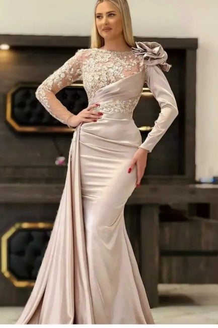 Gorgeous Long Champagne Mermaid Lace With Long Sleeves