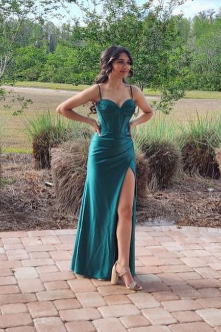 Gorgeous Long Dark Green Sleeveless Spaghetti Straps Evening Prom Dresseses With Split Online