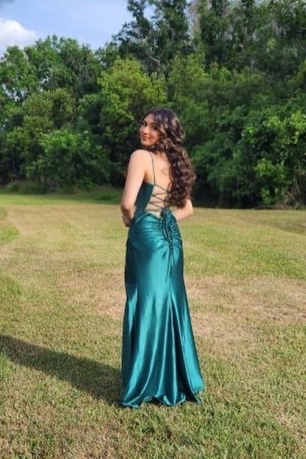 Gorgeous Long Dark Green Sleeveless Spaghetti Straps Evening Prom Dresseses With Split Online