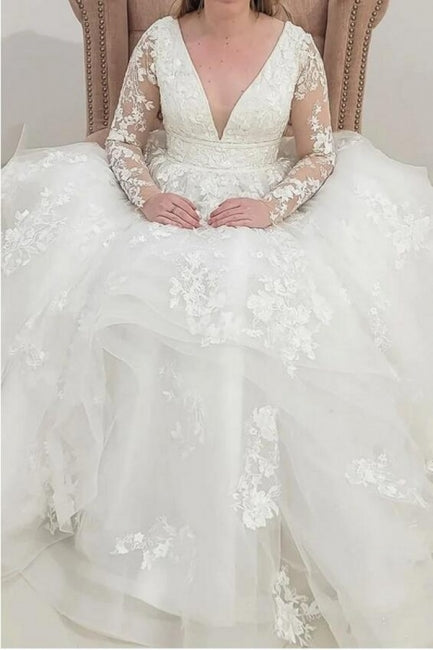 Gorgeous Long Sleeves V-Neck Garden Lace A-Line Wedding Dresses