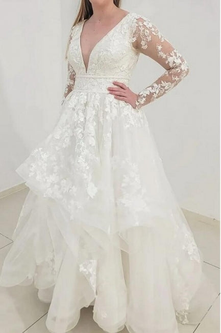 Gorgeous Long Sleeves V-Neck Garden Lace A-Line Wedding Dresses