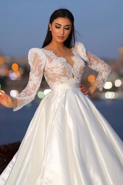 Gorgeous Long Sleeves V-neck Satin Wedding Dresses with Lace