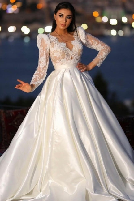 Gorgeous Long Sleeves V-neck Satin Wedding Dresses with Lace