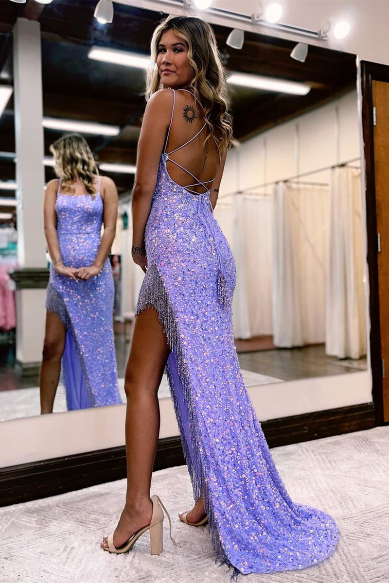 Gorgeous Mermaid Sleeveless Sequined Prom DressSplit Online Spaghetti-Straps