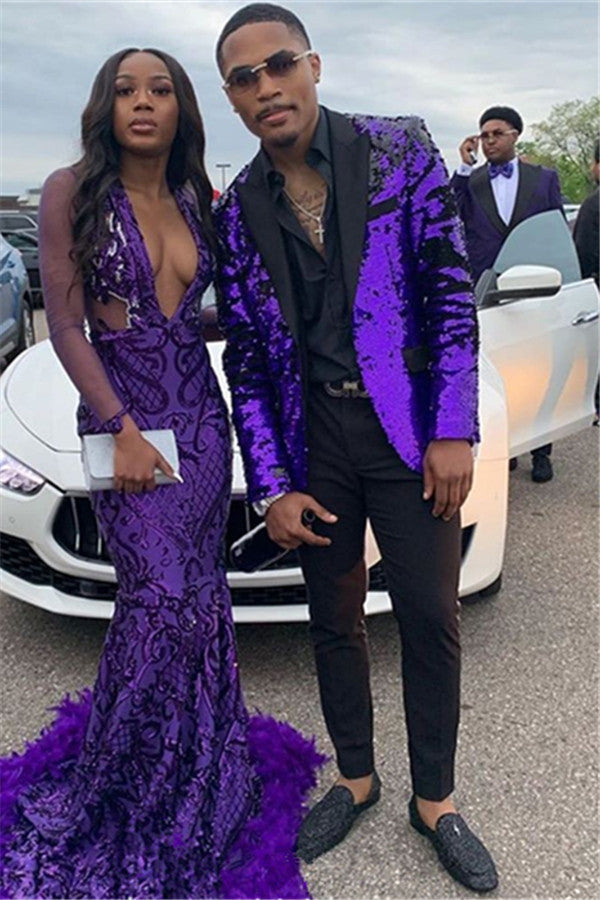 Gorgeous Purple Sequined Men's Suit Two Piece Slim Fit Men's Prom Suits