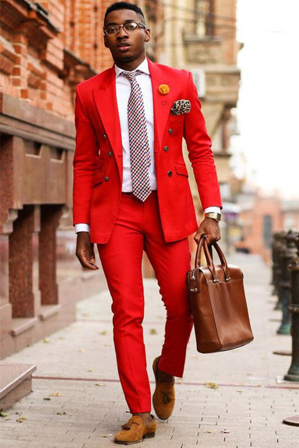 Gorgeous Red Double Breasted Peaked Lapel Men's Prom Suits