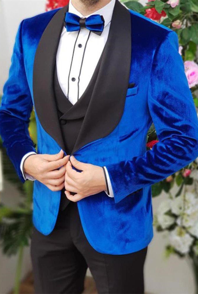 Gorgeous Royal Blue Velvet Smoking Men Suits Elegant Three Pieces Party Prom Suits Online