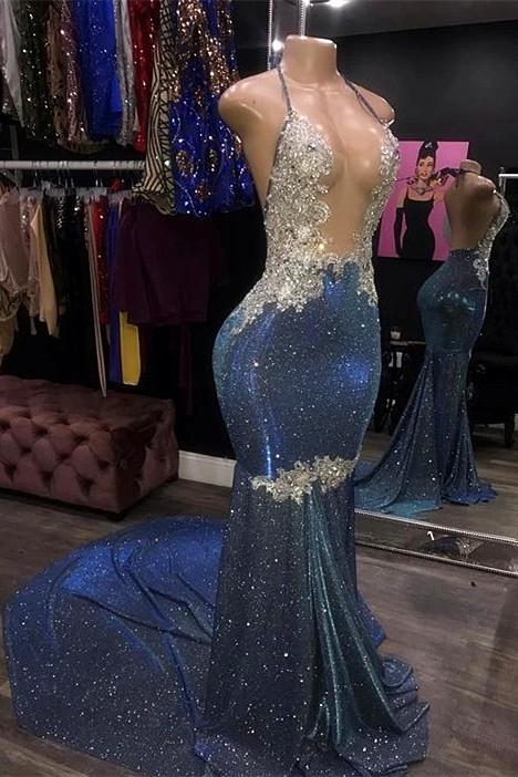 Gorgeous Sequin Backless Sexy Deep V-Neck Long Prom Dresses with Train