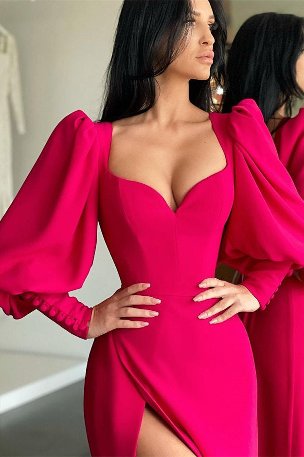Gorgeous Sweetheart Red Side-cut Mermaid Prom Dress Bubble sleeves