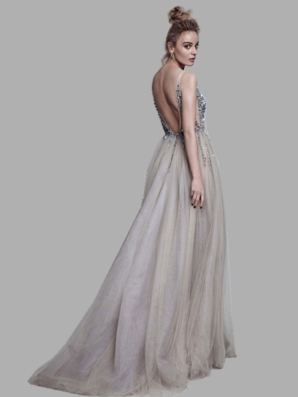 Gorgeous V-Neck Sleeveless Tulle Evening Dress With Appliques