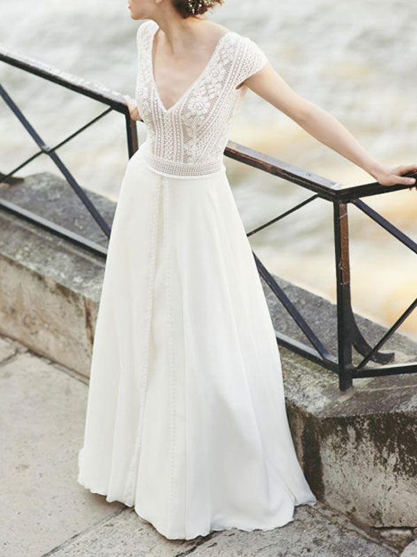 Gorgeous Wedding Dresses A-Line V-Neck Short Sleeves Backless Lace Chiffon Bridal Gown
