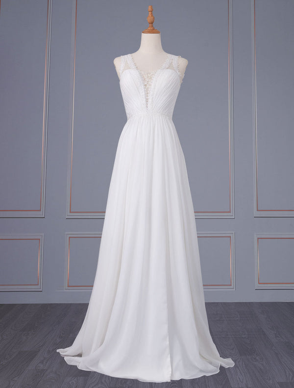 Gorgeous Wedding Dresses A-Line V-Neck Sleeveless Backless Lace Chiffon Long Bridal Dresses