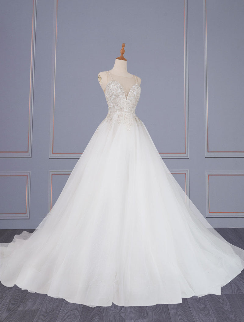 Gorgeous Wedding Dresses A-Line V-Neck Sleeveless Backless Long Lace Bridal Dresses