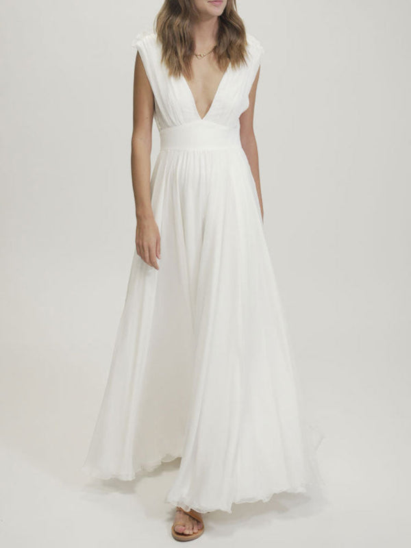 Gorgeous Wedding Dresses Chiffon V-Neck Sleeveless Backless Long A-Line Bridal Dresses