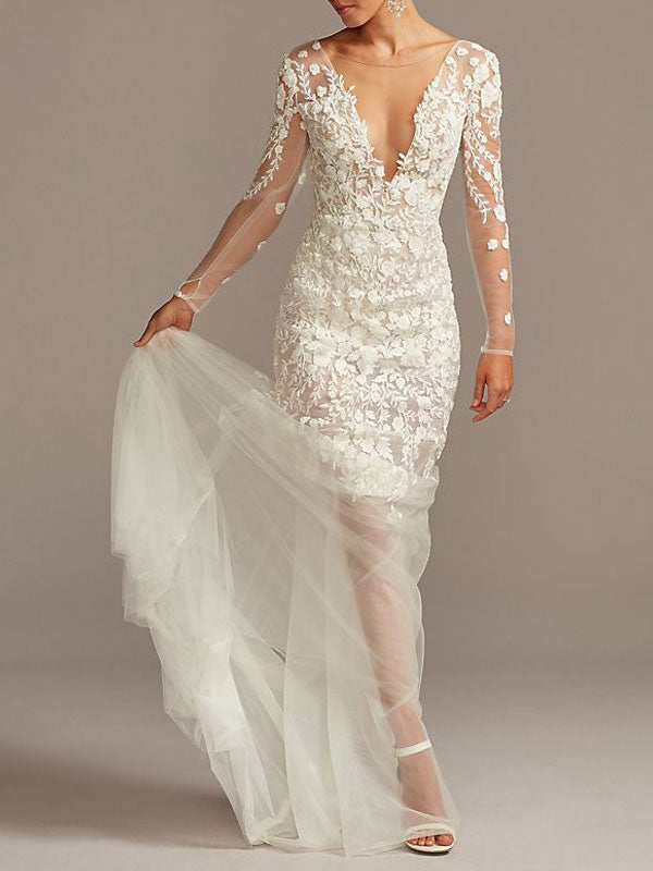 Gorgeous Wedding Dresses Lace With Train V Neck Long Sleeves Backless Lace A-Line Bridal Gown
