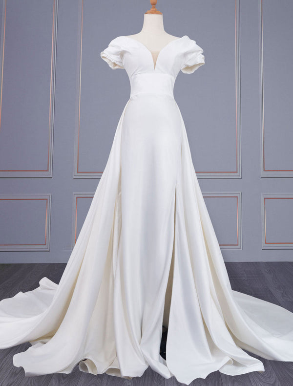Gorgeous Wedding Dresses Satin Fabric V-Neck Short Sleeves Backless A-Line Long Bridal Dresses
