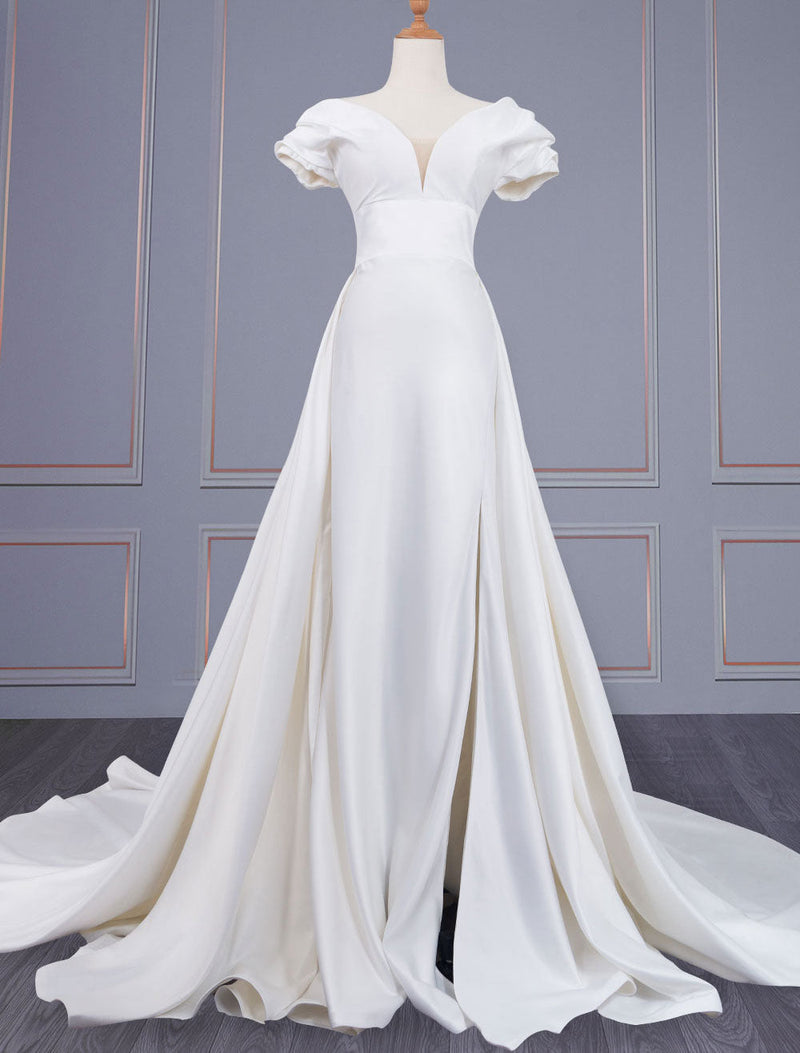 Gorgeous Wedding Dresses Satin Fabric V-Neck Short Sleeves Backless A-Line Long Bridal Dresses